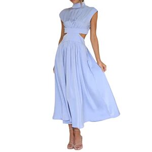 Owegvia Women Summer Casual Dress Sleeveless Mock Neck Hollow Cutout High Waist A-Line Long Dress Ruched Pleated Flowy Sundress (Light Blue, M)