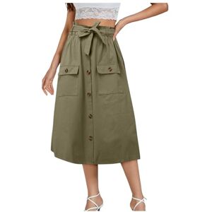 Bkscayxs Summer Literary Plain Button Midi Skirt Women Women Elastic Waist Cotton Linen One Line Skirt Banana Leaf, Green, One Size