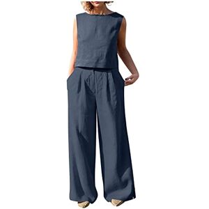 HMRigbly Linen Outfits Women 2023 Summer Sleeveless Round Neck Solid Color Loose Fit Going Out Tank Tops + Long Pants Trousers Dark Blue