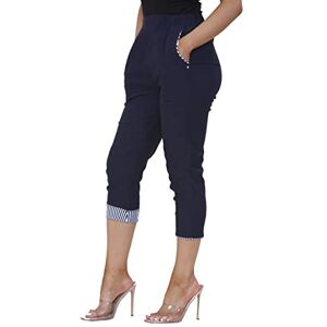 New Italian Fashion Stripe Ladies Summer Three Quarter Capri Cropped 3/4 Pants Stretch Fit Elasticated Waistband Trousers 2 Side Pocket (UK 22, Navy)