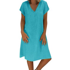 Women Dress Sale Clearance Fashion Ladies Loose V-Neck Summer Solid Short Sleeve Cotton and Linen Dress Party Elegant UK Size Blue