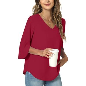 TAOHUADAO Womens 2024 Casual V-Neck Work Tunic Top for Leggings 3/4 Sleeve Chiffon Blouse Shirt Large, Red