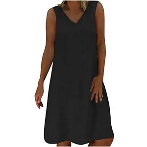 Zeiayuas Linen Summer Dress for Women UK V Neck Sleeveless Tank Dresses Holiday Beach Party Tunic Dresses Going Out Midi Dress Elegant Solid Color Dress Plus Size 22 Black