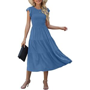 GRECERELLE Womens Summer Maxi Dress - Casual Midi Smocked Ruffle Sleeve Elastic Waist Crew Neck Tiered Cocktail Long Dresses for Ladies (Blue, S)