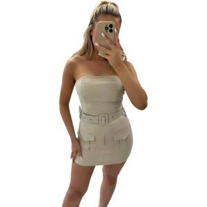 Eyes Womens Cargo Playsuit Bandeau Stretch Fit Belted Skort Boobtube Strapless Casual Wear Shorts Sleeveless Jumpsuit Playsuits For Women UK Summer Holiday Ladies Skorts with 2 Side Pockets Beige 6/XS