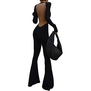 FeMereina Women Flare Leg Jumpsuit Long Sleeve Backless Straight Wide Leg Bodycon Romper Pants Skinny Bell Bottom Onesie Outfits (Black, L)