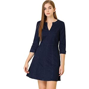 Allegra K Women's Casual A-Line Jeans Split Neck 3/4 Sleeve Short Stretchy Denim Dress with Pockets Dark Blue M-12