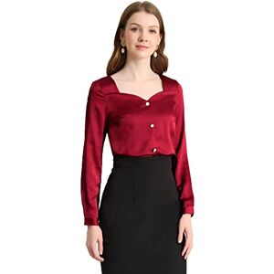 Allegra K Women's Button Decor Sweetheart Neck Long Sleeve Elegant Satin Blouse Red L-16