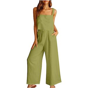 FunAloe w/ Pocket Linen Wide Leg Pants Sleeveless Wide Leg Jumpsuit Round Neck Crop Basic Top Button Back Tops 2 pc Linen Set for Women Summer Women's Linen Trouser Suits, 02 Green, XXL