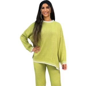 Made In Italy Alam Exclusive Womens Long Sleeve Loungewear Contrast Stitching Ladies Two Piece Co ord Set Tracksuit Knitwear Jumper With Trouser (Lime, One Size (8-12) UK)