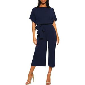 LOIJMK Women Casual Jumpsuit Round Neck Solid Color Junpsuit Short Sleeves Belted Wide Elegant Leg Pant Jumpsuit Womens Vintage Snowsuit Navy