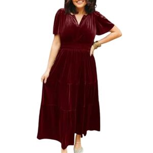 Hislaves Elastic Waist Dress Women Cocktail Summer Pleated Patchwork A-line Big Swing Short Sleeve Loose V Neck Solid Color Tight Soft Ankle Length Wine Red 3XL