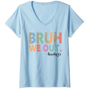 Summer Vacation Bruh We Out Teachers By Gnineza Womens Cute End Of School Year Leopard Summer Bruh We Out Teachers V-Neck T-Shirt