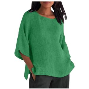 Clodeeu Ladies 3/4 Sleeve Shirts Summer Casual Solid Color Crewneck Cotton Linen Tops Blouse Dressy Shirts for Holiday Daily Travel Green