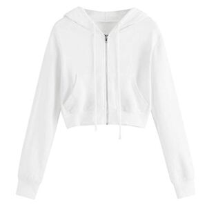 HFStorry Cropped Hoodie Jacket Zip Up Hoodies for Women Long Sleeve Crop Top Sweatshirts Teens Girls Pockets Casual Fashion Outwear White