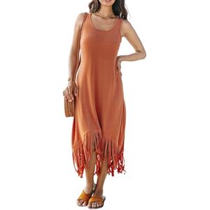 CUPSHE Womens Midi Dress Scoop Neck Sleeveless Fringed Hem Summer Casual A Line Dresses Burnt Orange XL