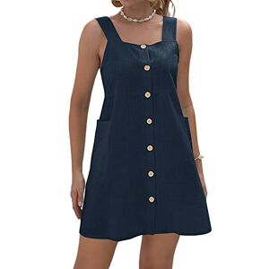 Generic Women Summer Spaghetti Strap Button Down Sexy V Neck Sleeveless Mini Dress Casual Swing Tank Beach Dress with Pockets, Blue, X-Large