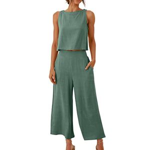 ⭐ Tousers For Women Uk,230516btdia388 FunAloe w/ Pocket 2 pc Wide Leg Pants Set Two pc Outfits for Women Summer Womens Linen Set Trouser Suits Womens Sleeveless Outfit Jumpsuits Round Neck Crop Basic Top Button Back Tops, 03-green, 4XL