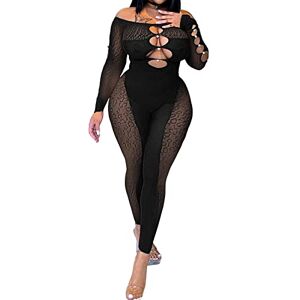 Femereina Women's Mesh See Though Jumpsuit Off-shoulder Low Cut Front Hollow Out Sheer Skinny Playsuit Long Sleeve One Piece Club Bodysuit (Black, XXL)