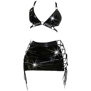 CHICTRY Women's Shiny Leathe Rave Sets Outfits Bra Crop Top with Lace-up Mini Skirts for Club Party Black M