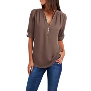 Generic Long Sleeve Tops for Women UK Summer Zipper V Neck Solid Colour Blouse Ladies Casual Loose Fit T Shirts Elegant Dressy Tunics Coffee