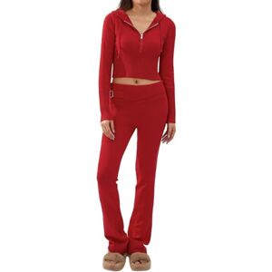 Niceyoeuk Women Y2k Ribbed Knit 2 Pieces Outfits Long Sleeve Zipper-Up Slim Fit Hooded Crop Tops High Waist Long Pants Set Tracksuits Loungewear (Red, M)