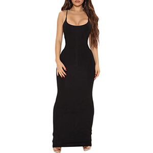 FeMereina Women Spaghetti Strap Sleeveless Bodycon Long Dress Solid Color Low Cut Cami Maxi Dress Club Elegant Beach Evening Night Dress (Black, Small)