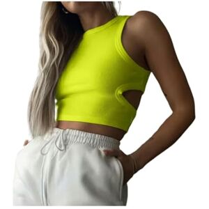 PENGXUAN ladies tops Knitted Khaki Autumn Women Tops Lady Crop Vest Solid Female Camis White Shoulder Ribbed Tank Tops -g1262 Neon Green-l