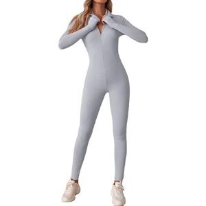 Litthing Women Yoga Jumpsuit Sports Romper Long Sleeve Unitard Stretchy Playsuit Ribbed Knit Zip Up Workout Outfit Slim Fit One Piece Bodysuit Fitness Sportswear Daily Wear