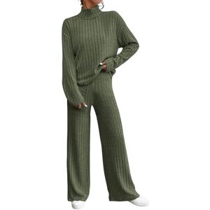 Ribbed Lounge Wear Sets for Women 2 Pieces Tracksuit Full Set Ladies Pjs Sets Knitted Outfit Oversized Long Sleeve Solid Color Tops Wide Leg High Waist Trousers Pants Loungewear Sleepwear Homewear