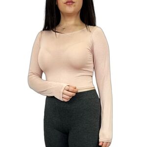 Luxe Womens Crop Long Sleeve T Shirt Ladies Short Plain Basic Round Neck Shirts Top 8-14 Peach