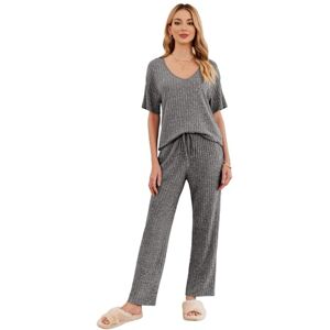 SotRong Two Piece Summer Outfit Women Loose Cozy Lounge Set Ladies Solid Co Ord Tracksuit V Neck Pyjamas Sleepwear Homewear Nightwear Set Dark Grey 2XL