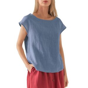 Generic Short Sleeve Cotton Linen Blouse for Women UK Solid Colour Round Neck Tops Ladies Summer Baggy T Shirts Casual Dressy Going Out Tunics Blue