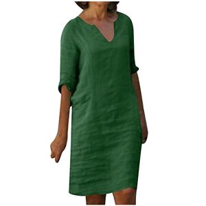 AMhomely Womens Dresses Linen Dresses Summer V Neck 3/4 Sleeve Floral Knee-Length Dress Loose Casual T Shirt Dresses Mini Sundress Ladies Tshirt Dress Boho Beach Midi Flowy Dresses, 2# Army Green, 16