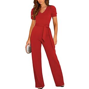 Generic Jumpsuit for Women Short Sleeve Wide Leg Pants V-Neck Playsuit Ladies Elegant Trouser Suit with Belt Jumpsuit Ladies Summer Blazer,red,XL