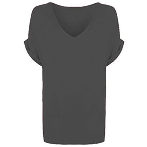 EMRE FASHION&#174; Women's V Neck Short Sleeve T-Shirt - Ladies Batwing Plain Printed Oversize Baggy Loose Fit Shirt Turn Up Top (Charcoal, 20-22)