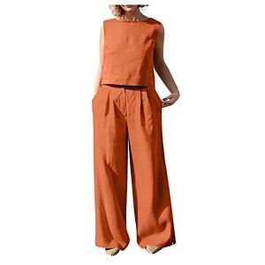 HMRigbly Linen Outfits Women 2023 Summer Sleeveless Round Neck Solid Color Loose Fit Going Out Tank Tops + Long Pants Trousers Orange