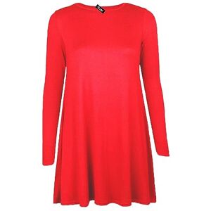 Shopygirls Womens Plain Long Sleeve Stretch A Line Skater Flared Swing Dress Top Plus Size T-Shirt 8-26 (10, Red)