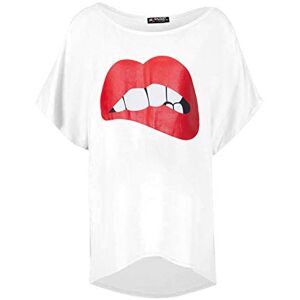 Be Jealous Fashion Star Womens Lips Lagenlook Batwing Round Neck Oversized Baggy High Low Tee Top Lips White M/L (UK 12/14)