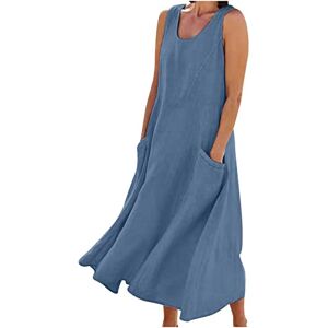 TURWXGSO Summer Dress for Women Flowy Cotton Linen Dress Summer Beach Casual Loose Sleeveless Crewneck Baggy Long Dress with Pockets