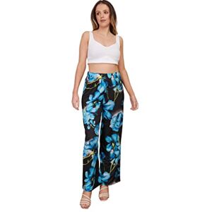 Golomak&#174; Women's Elasticated Waist Printed Wide Leg Full Length Trouser - Ladies Casual Summer Stretch Palazzo Pants (Turquoise Flower, 20-22)