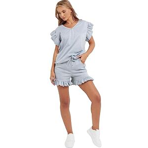 Generic AA ESSENTIALS&#174; Women’s Plain Peplum Frill Sleeve V-Neck Top Shorts Co-Ord Tracksuit Set - Ladies 2 PCS Summer Outfits T-Shirt & Hotpants Loungewear Suits (Grey, 16-18)