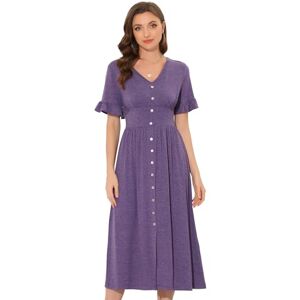 Allegra K Women's Summer Casual Dresses V Neck Button Flutter Sleeve Smocked High Waist Midi Dress Purple M
