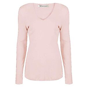 janisramone Womens Ladies V Neck Long Sleeve T-Shirt Stretchy Plain Jersey Slim Fit Casual Basic Tee Tops Nude