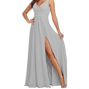 KURFACE Wedding Formal Party Gown Long High Slit Formal Off The Shoulder A-line Bridesmaid Gown Silver Grey UK18