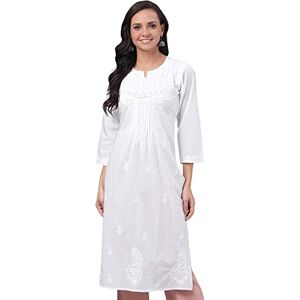 Ada Women's Cotton Kurta Kurti Ethnic Indian Hand Embroidered Chikankari Tunic Dress A332395, L, White