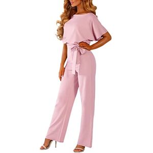 FeMereina Women's Casual Jumpsuits Loose Batwing Sleeve Crewneck Rompers Long Pants Belted Wide Legs Overall S-2XL (Pink, XX-Large)