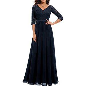 Dubute Women's Elegant Lace 3/4 Sleeves A Line Long Dress Empire Waist Mesh Evening Cocktail Wedding Party Dress (Dark Blue, XL)