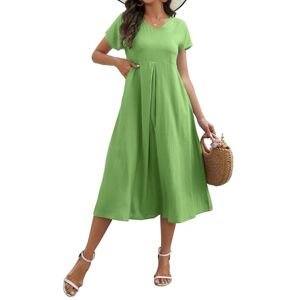 Women's Summer Dress Linen Dress Summer Casual V Neck Dresses Short Sleeve A-line Plus Size Dress Ladies Beach Dresses Sundress Tunic Dress (Green, L)