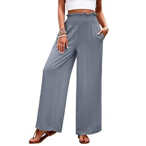 HANERDUN Summer Pants Ladies High Waist Wide Leg Pants with Pockets S-2XL Stretchy Flowy Trousers Business Pants for Women Grey